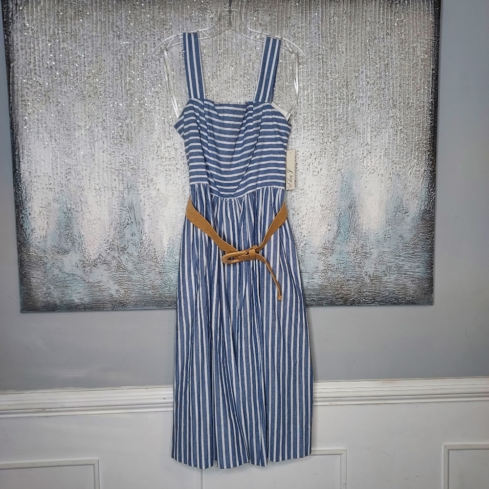 Eliza J Striped Belted Midi  Dres Woven Belt Sz-10 - Picture 2 of 9
